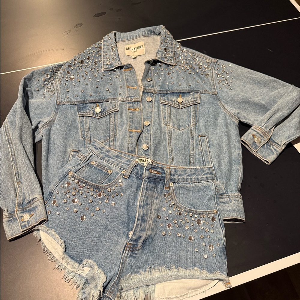 Studded Denim Jacket and Shorts Set